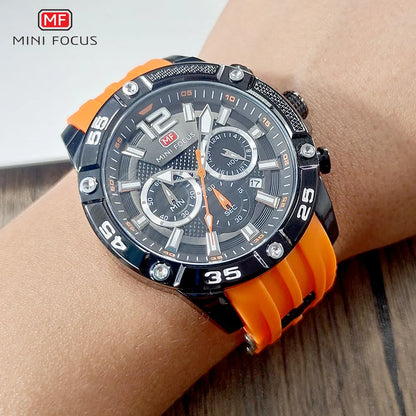 Watch for Men MINI FOCUS Orange Military Sport Chronograph Quartz Wristwatch with Silicone Strap Waterproof Luminous Hands 0349