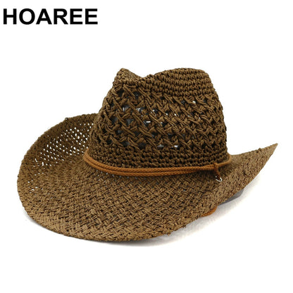 Western Cowboy Hat Women Sun Hat Cowgirl Summer Hats for Men Hollow Out Lady Straw Hat Brown Beach Cap Panama