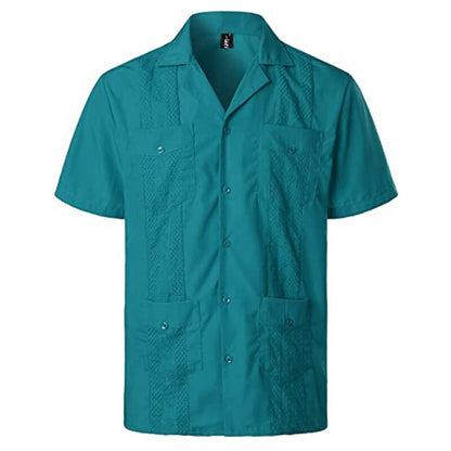 Army Green Mens Four-Pocket Guayabera Shirt Short Sleeve Cuban Camp Collar Shirts Men Embroidered Wedding Mexican Beach Shirt