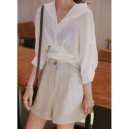 2023 Summer 100% Linen Women'S Shorts Casual High Waist Wide Leg Button Up Elegant Ol Short Pants Vetements Femme шорты женский