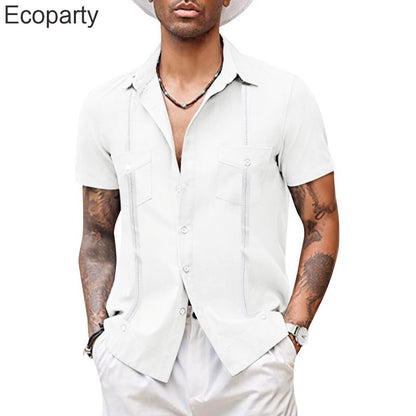 Men's Fashion Cuban Camp Collar Guayabera Shirt Summer Short Sleeve Patchwork Mexican Caribbean Style Beach Shirt Chemise Homme