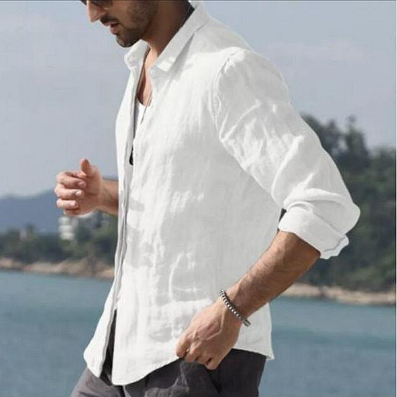 Mens Cotton Linen Shirt Baggy Long Sleeve Button Tops White Shirt For Men Blouse Autumn Casual Camisa Masculina Streetwear