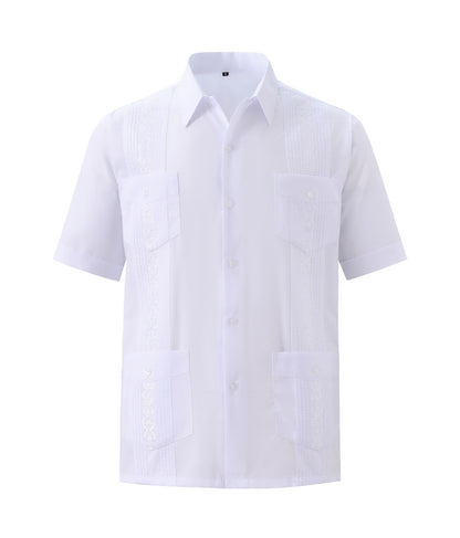 Men's Short Sleeve Embroidered Guayabera Shirt - Summer Must-Have, Premium Fabric, Embroidered, Breathable, Comfortable
