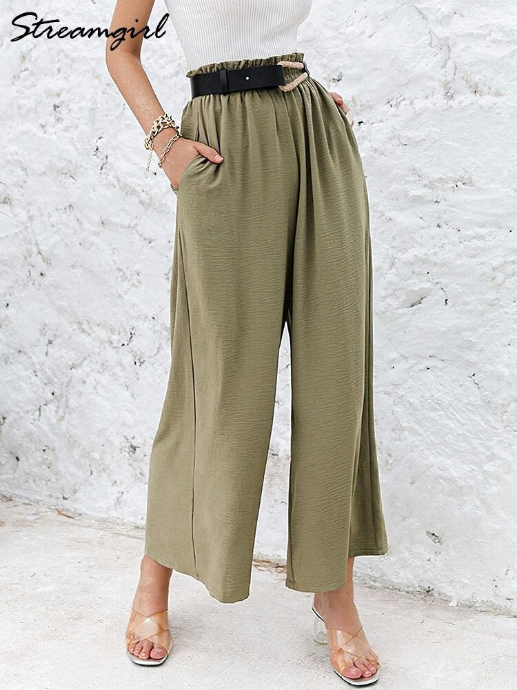 Wide Linen Pants Women Summer 2022 High Waisted Cotton Office Woman Loose Trousers Elastic Waist Casual Summer Pants For Women