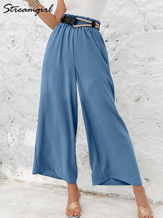 Wide Linen Pants Women Summer 2022 High Waisted Cotton Office Woman Loose Trousers Elastic Waist Casual Summer Pants For Women