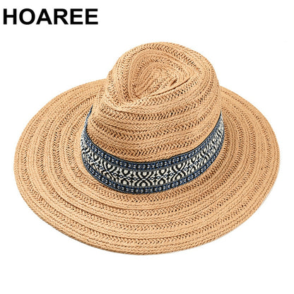 HOAREE Handmade Summer Hats Women Sun Straw Hat Men Fedora Khaki Ethnic Breathable Outdoor UV Protection Jazz Sunshade Hat