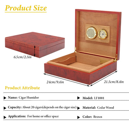 Wood 20 Count Cigar Humidor Box Brown Cedar Lined Portable Cigar Humidor Humidifier With Hygrometer Case Box Moisturizing Device