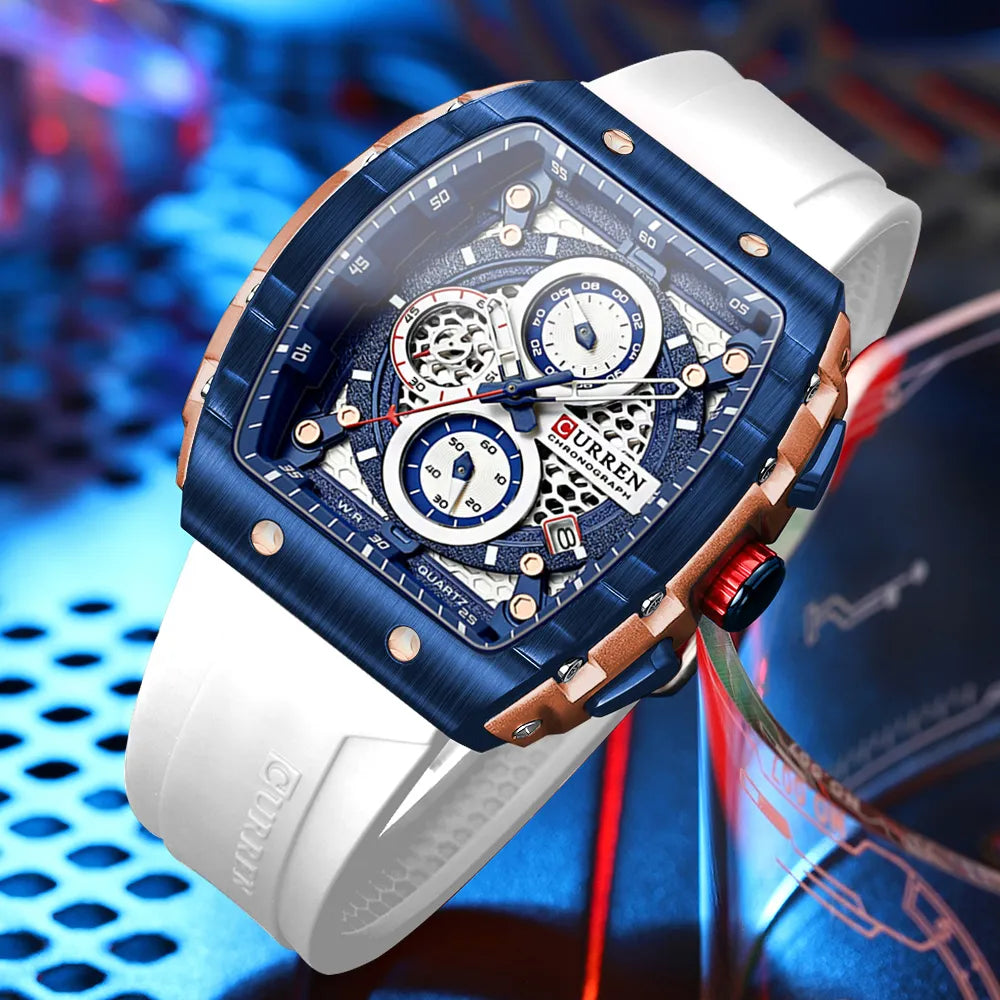 Chronograph Quartz Watch for Men Tonneau Dial Military Sport Wristwatch with Orange Silicone Strap Auto Date