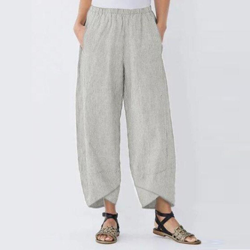 Women Vintage Linen Pants Summer Casual Solid Elastic Waist Wide Leg Pocket Trousers Asymmetrical Loose Capris Harem Pantalon