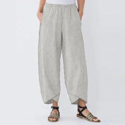 Women Vintage Linen Pants Summer Casual Solid Elastic Waist Wide Leg Pocket Trousers Asymmetrical Loose Capris Harem Pantalon
