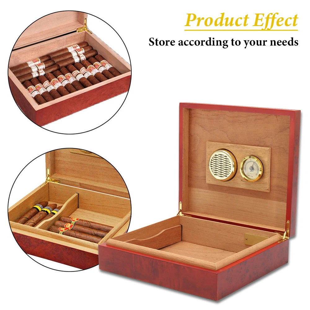 Wood 20 Count Cigar Humidor Box Brown Cedar Lined Portable Cigar Humidor Humidifier With Hygrometer Case Box Moisturizing Device