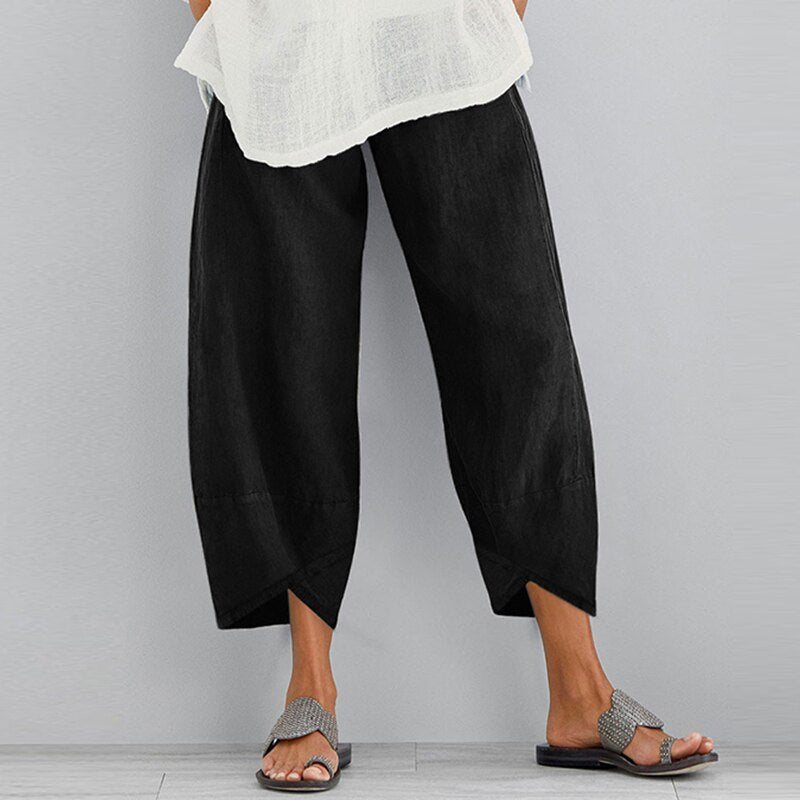 Women Vintage Linen Pants Summer Casual Solid Elastic Waist Wide Leg Pocket Trousers Asymmetrical Loose Capris Harem Pantalon