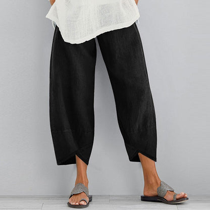 Women Vintage Linen Pants Summer Casual Solid Elastic Waist Wide Leg Pocket Trousers Asymmetrical Loose Capris Harem Pantalon