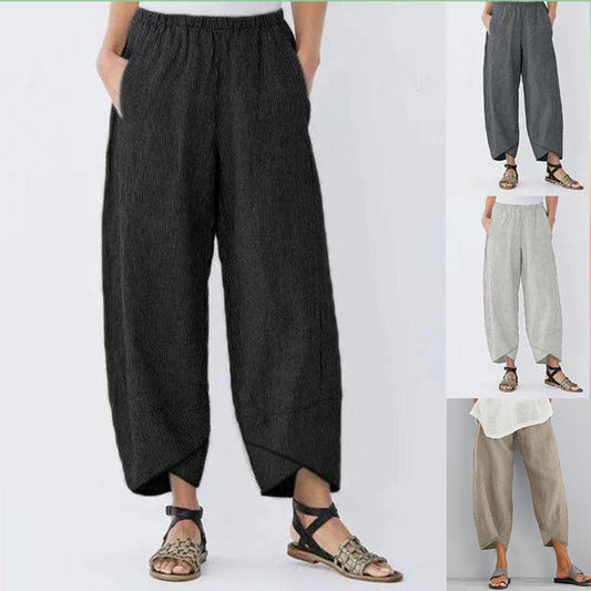 Women Vintage Linen Pants Summer Casual Solid Elastic Waist Wide Leg Pocket Trousers Asymmetrical Loose Capris Harem Pantalon