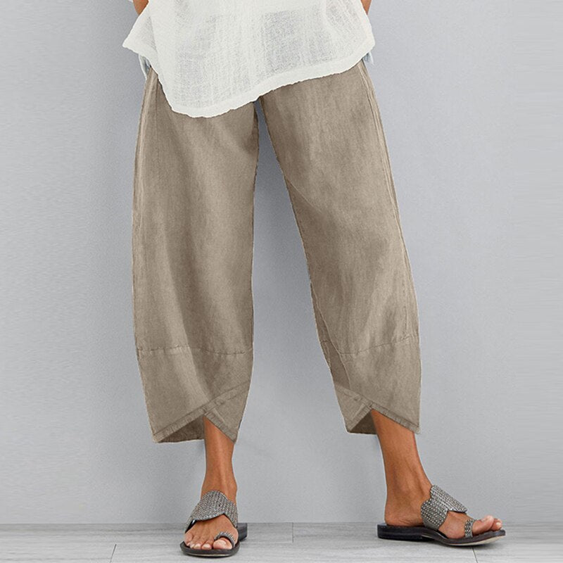 Women Vintage Linen Pants Summer Casual Solid Elastic Waist Wide Leg Pocket Trousers Asymmetrical Loose Capris Harem Pantalon