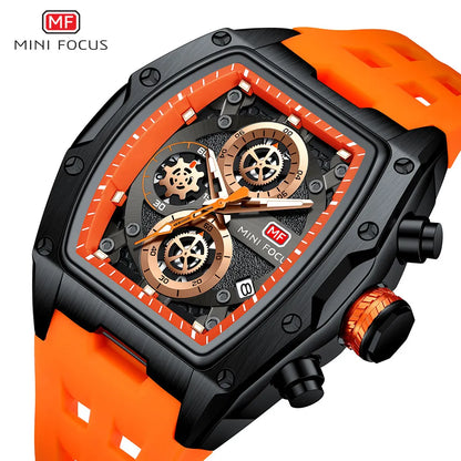 Watch Men Sport Quartz MINI FOCUS Military Orange Silicone Strap Waterproof Chronograph Wristwatch with Date Luminous Hands 0473