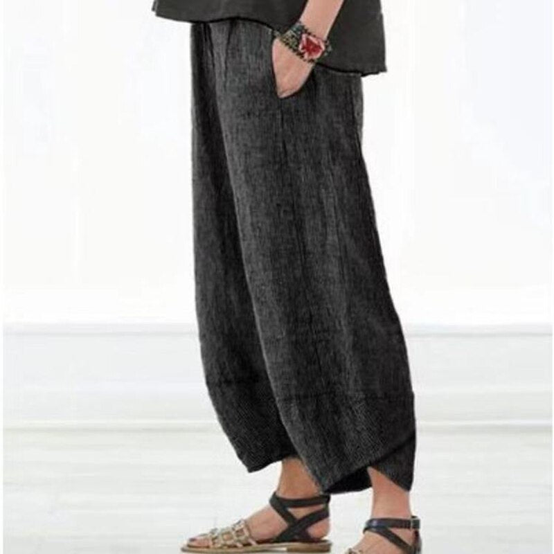 Women Vintage Linen Pants Summer Casual Solid Elastic Waist Wide Leg Pocket Trousers Asymmetrical Loose Capris Harem Pantalon