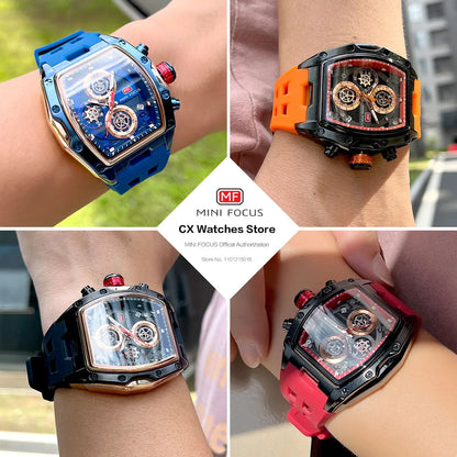 Watch Men Sport Quartz MINI FOCUS Military Orange Silicone Strap Waterproof Chronograph Wristwatch with Date Luminous Hands 0473