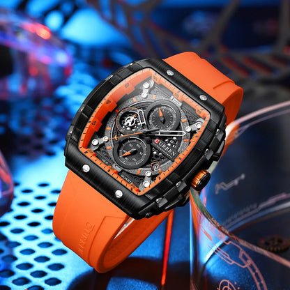 Chronograph Quartz Watch for Men Tonneau Dial Military Sport Wristwatch with Orange Silicone Strap Auto Date