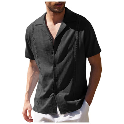 Men's Traditional Cuban Camp Collar Guayabera Shirt Short Sleeve Embroidered Mens Shirts Soft Breathable Solid Color Beach Shirt