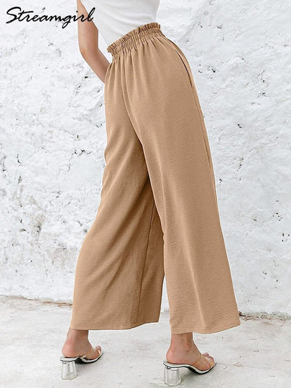 Wide Linen Pants Women Summer 2022 High Waisted Cotton Office Woman Loose Trousers Elastic Waist Casual Summer Pants For Women