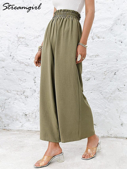Wide Linen Pants Women Summer 2022 High Waisted Cotton Office Woman Loose Trousers Elastic Waist Casual Summer Pants For Women