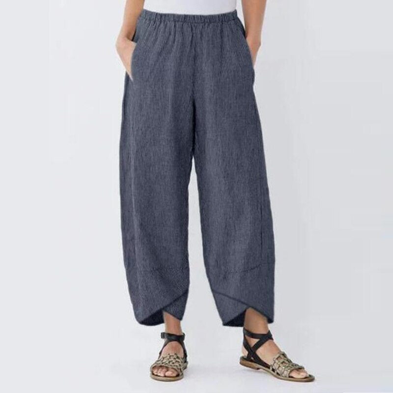 Women Vintage Linen Pants Summer Casual Solid Elastic Waist Wide Leg Pocket Trousers Asymmetrical Loose Capris Harem Pantalon