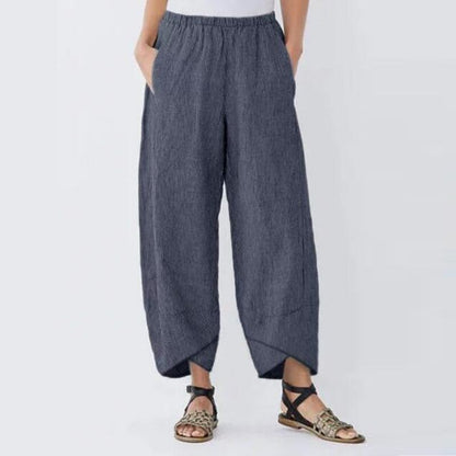 Women Vintage Linen Pants Summer Casual Solid Elastic Waist Wide Leg Pocket Trousers Asymmetrical Loose Capris Harem Pantalon
