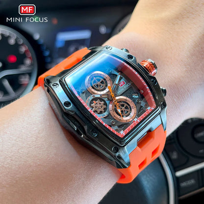 Watch Men Sport Quartz MINI FOCUS Military Orange Silicone Strap Waterproof Chronograph Wristwatch with Date Luminous Hands 0473