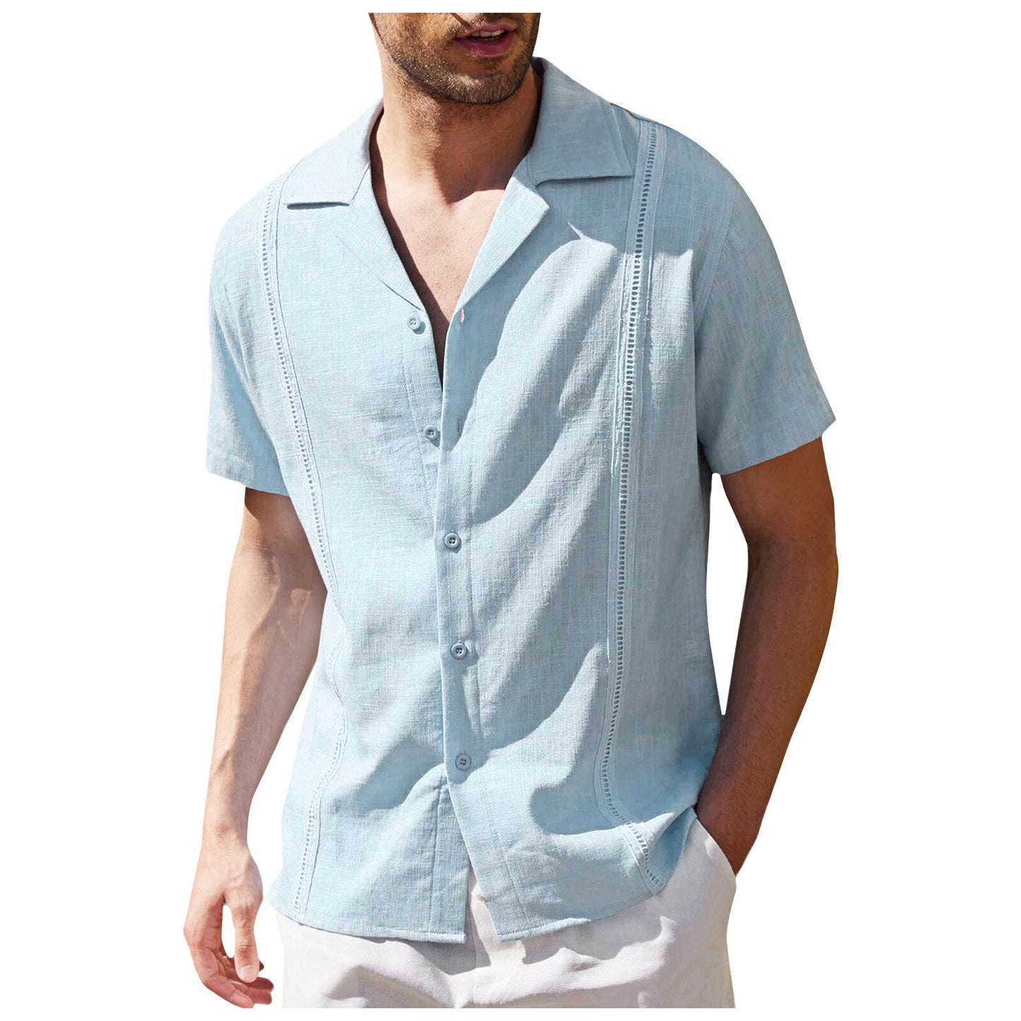 Men's Traditional Cuban Camp Collar Guayabera Shirt Short Sleeve Embroidered Mens Shirts Soft Breathable Solid Color Beach Shirt