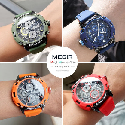 Watches for Men Orange Sport Fashion Waterproof Luminous Chronograph Quartz Wristwatch with Auto Date Silicone Strap 2208