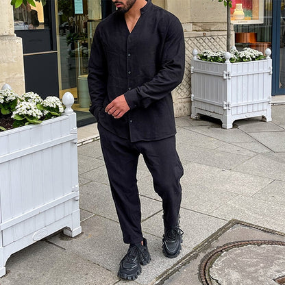 Cotton Linen Men's Sets Spring Summer Casual Long Sleeve Buttoned Stand Collar Shirt And Trousers Two Piece Suits Men Streetwear