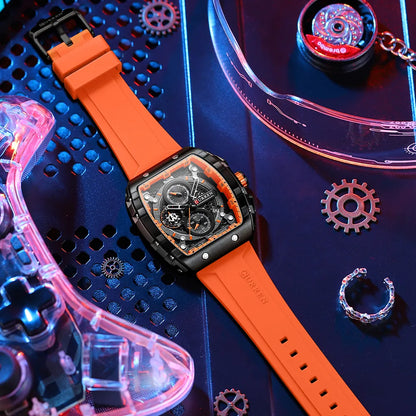 Chronograph Quartz Watch for Men Tonneau Dial Military Sport Wristwatch with Orange Silicone Strap Auto Date