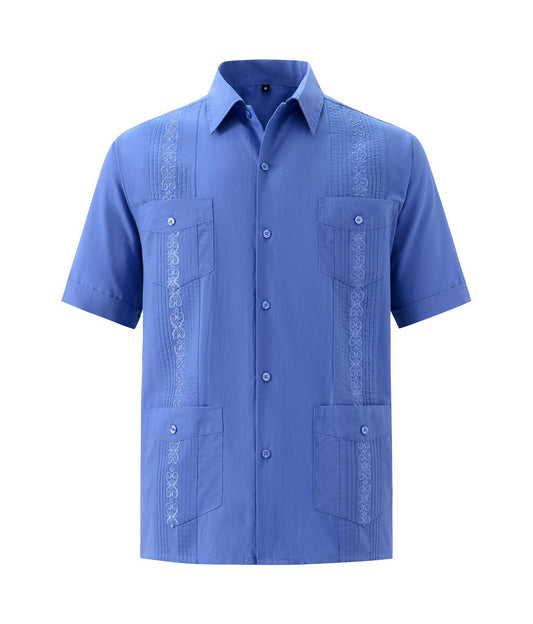 Men's Short Sleeve Embroidered Guayabera Shirt - Summer Must-Have, Premium Fabric, Embroidered, Breathable, Comfortable