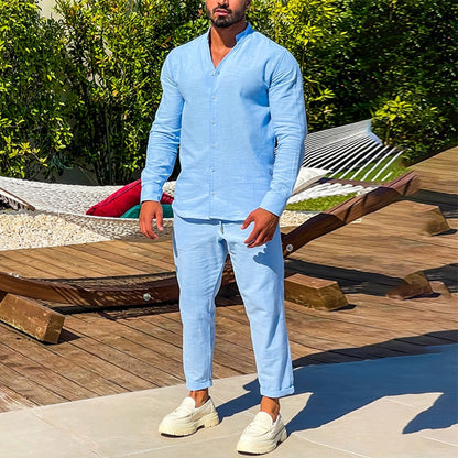 Cotton Linen Men's Sets Spring Summer Casual Long Sleeve Buttoned Stand Collar Shirt And Trousers Two Piece Suits Men Streetwear