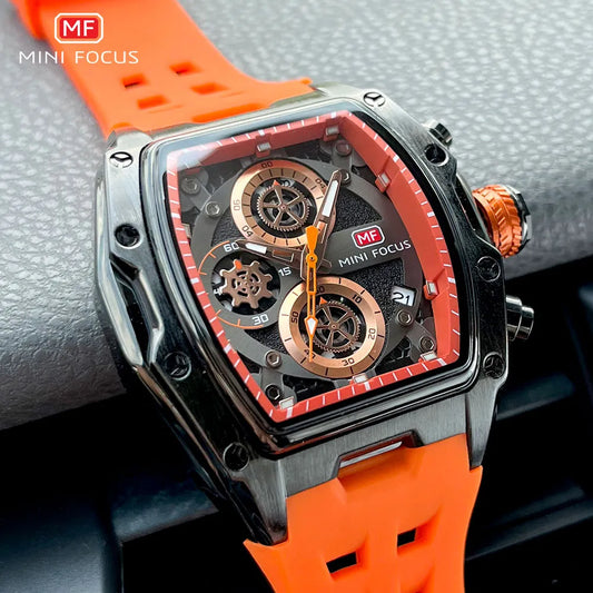 Watch Men Sport Quartz MINI FOCUS Military Orange Silicone Strap Waterproof Chronograph Wristwatch with Date Luminous Hands 0473