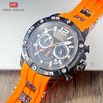 Watch for Men MINI FOCUS Orange Military Sport Chronograph Quartz Wristwatch with Silicone Strap Waterproof Luminous Hands 0349